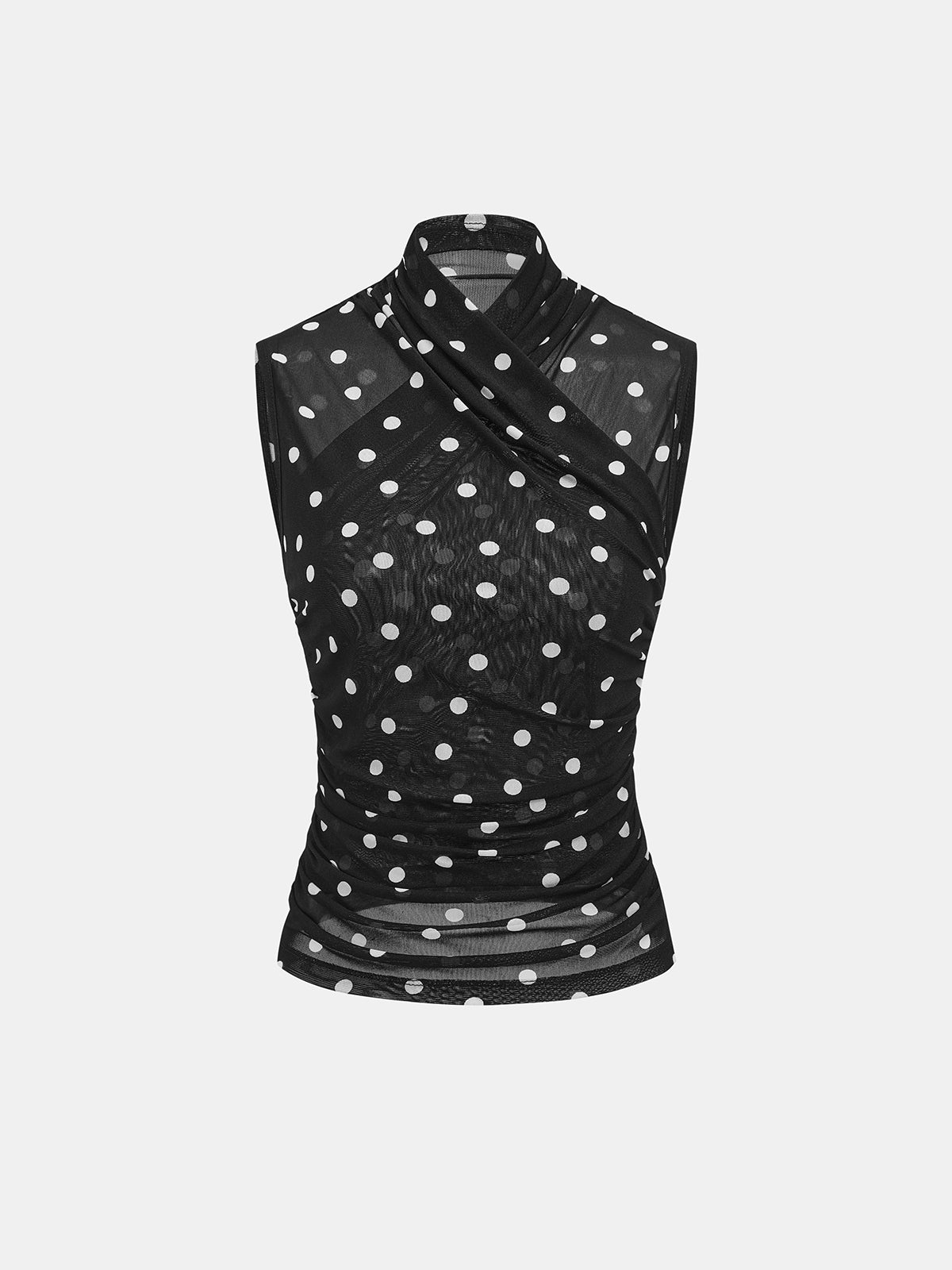 Ärmelloses Damen Mesh Top mit gepunktetem Muster in Nahaufnahme