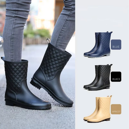 Damen Plateau-Gummistiefel mit kariertem Muster in seitlicher Ansicht