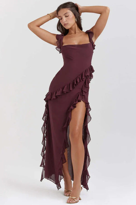 Damen-Maxikleid mit Rüschen und eckigem Ausschnitt in der Frontansicht