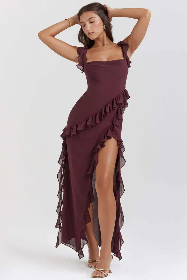 Damen Maxikleid Mit Rüschen Und Eckigem Ausschnitt
