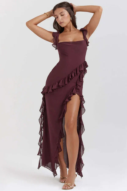 Damen Maxikleid Mit Rüschen Und Eckigem Ausschnitt
