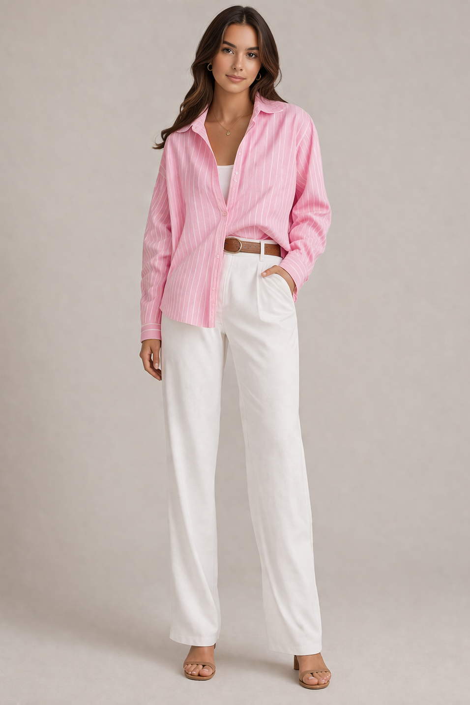 Lockere rosa-weiße Damenbluse mit Hemdkragen und langen Ärmeln