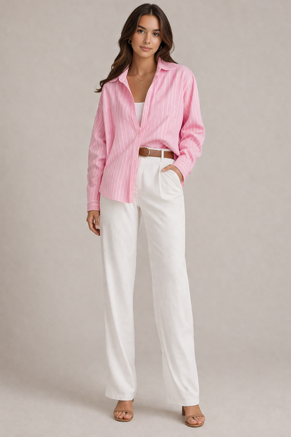 Lockere rosa-weiße Damenbluse mit Hemdkragen und langen Ärmeln