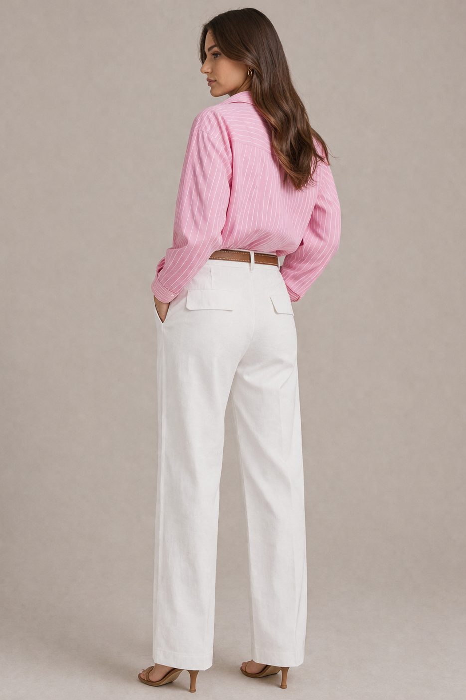 Rosa-weiße Bluse für Damen mit langen Ärmeln und klassischem Kragen