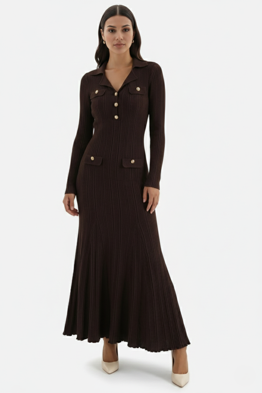 Damen-Maxikleid aus Strick mit langen Ärmeln von vorne