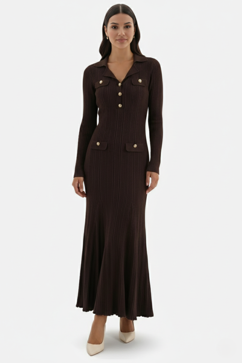 Damen Maxikleid Aus Strick Mit Langen Ärmeln
