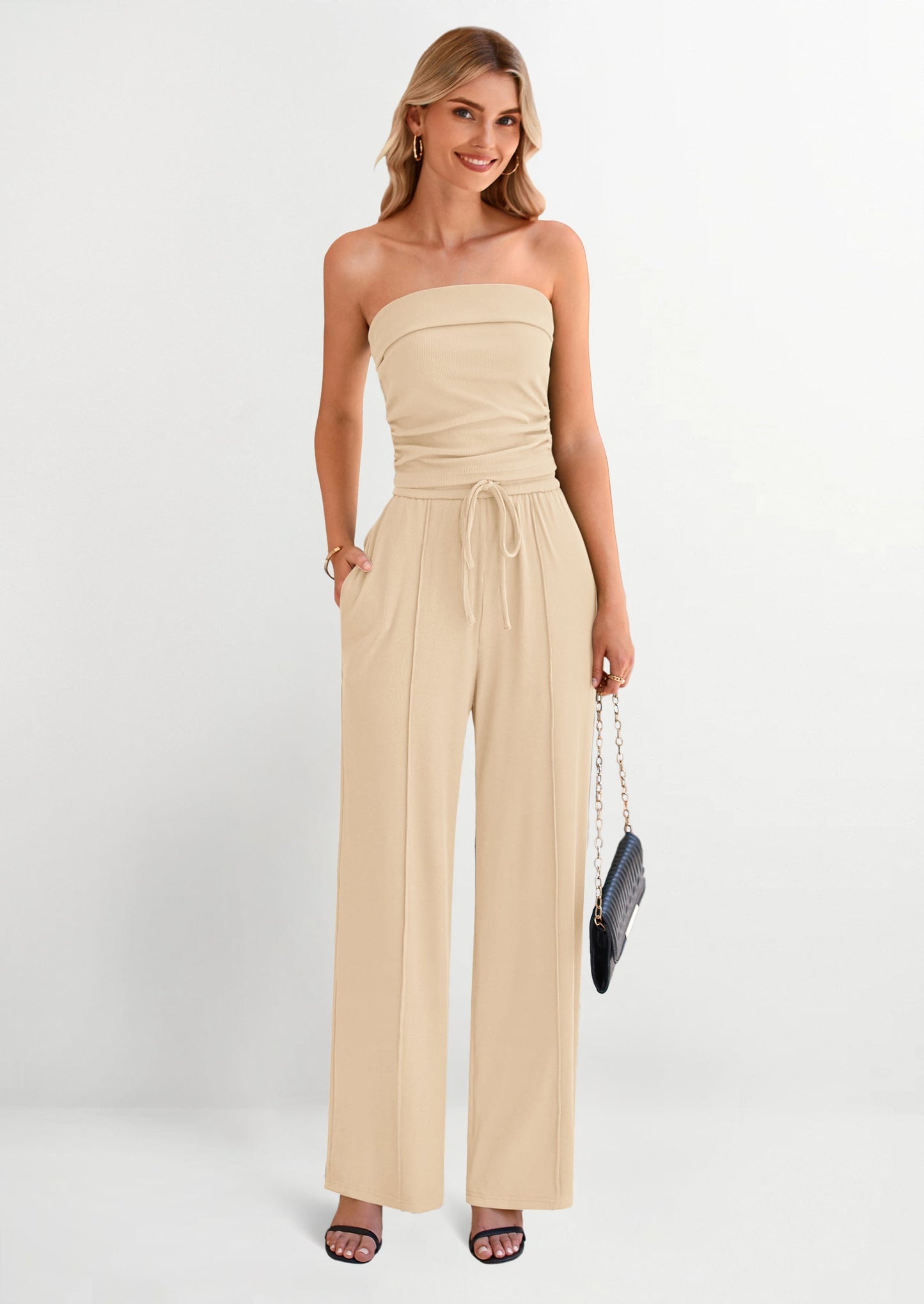 Eleganter Damen Zweiteiler mit Tube-Top und weiter Hose aus Rippstrick