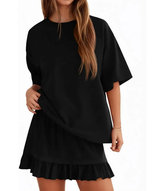 Damen Zweiteiler mit Crewneck Top und Minirock in Frontalansicht