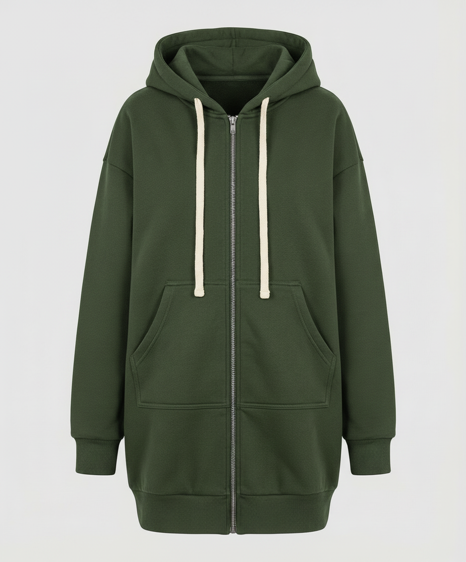 Kapuze des knielangen Zip-Hoodies für Damen im Detail