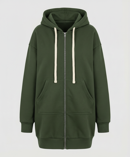 Kapuze des knielangen Zip-Hoodies für Damen im Detail