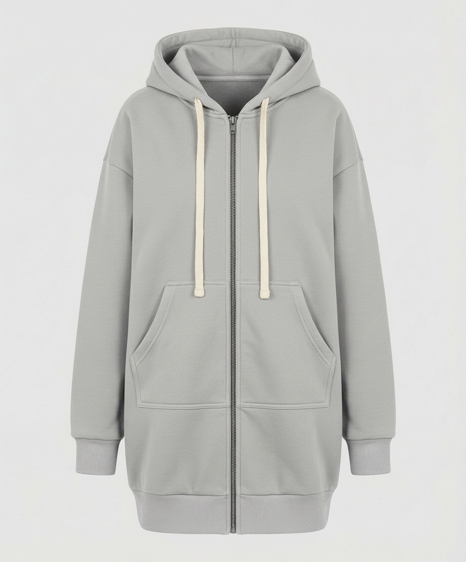 Detailansicht des Reißverschlusses am knielangen Hoodie