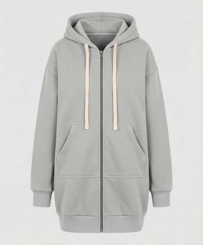 Detailansicht des Reißverschlusses am knielangen Hoodie