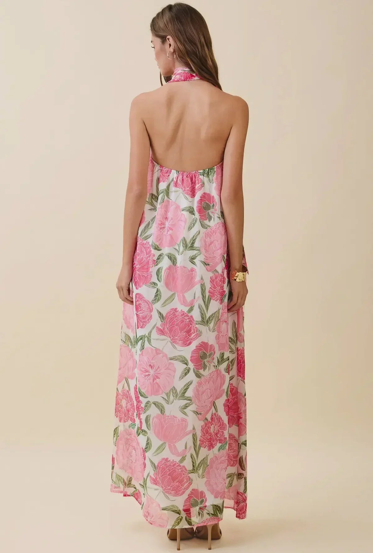 Damen Sommerkleid als Maxikleid mit Neckholder und Schal-Detail in Rosé