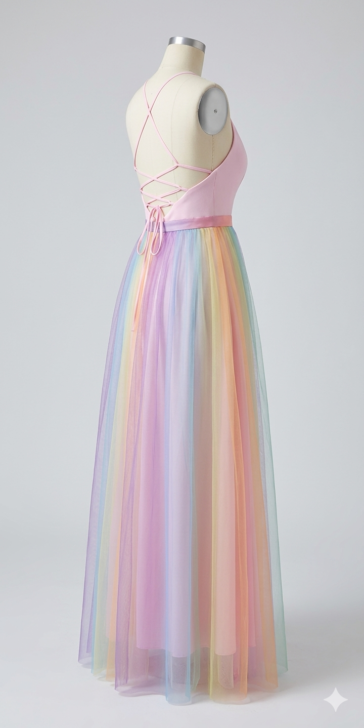 Mehrfarbiges Damen Midikleid mit Regenbogenmuster in seitlicher Ansicht