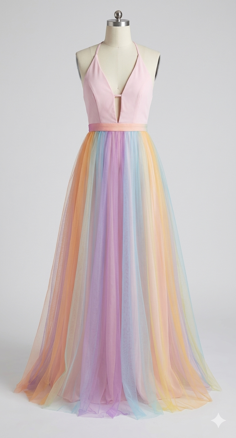 Damen Midikleid mit fließendem Schnitt und Regenbogenprint, Nahaufnahme