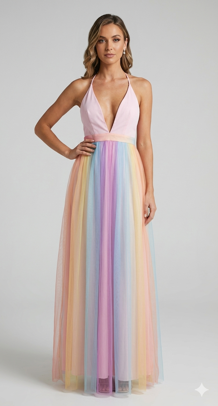 Damen Sommerkleid als Midikleid mit Regenbogenprint, Rückenansicht im Detail