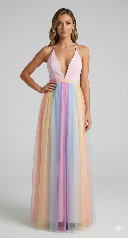 Damen Sommerkleid als Midikleid mit Regenbogenprint, Rückenansicht im Detail