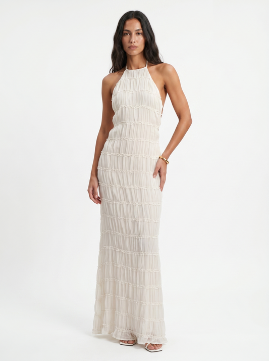 Damen Maxikleid mit Halterneck und Volants in ganzer Ansicht