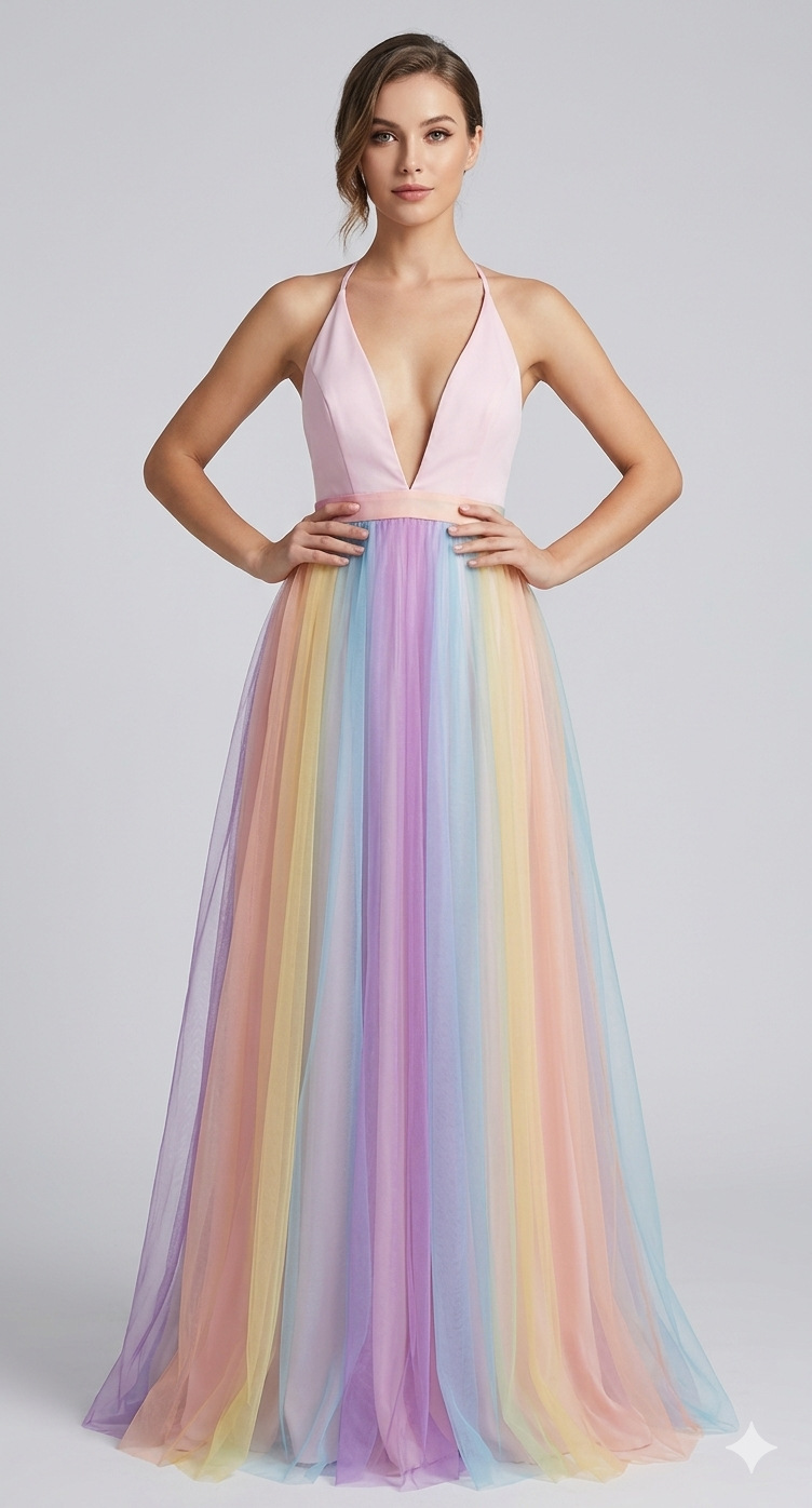 Damen Midikleid mit buntem Regenbogenprint, Detail der Spaghettiträger