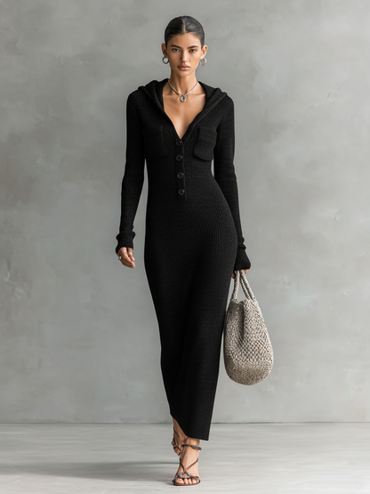 Damen Slim Fit Strick Maxikleid Mit Kapuze