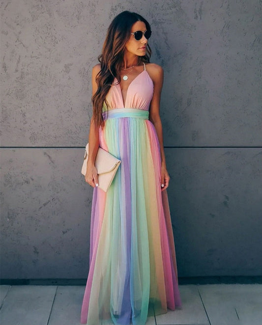 Damen Midikleid mit Regenbogenprint und Spaghettiträgern in mehrfarbig, Vorderansicht