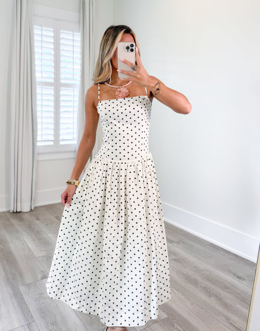 Damen Midikleid in Schwarz-Weiß mit Polka Dots und Spaghettiträgern in A-Linie