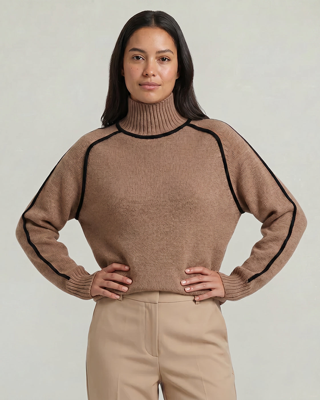 Damen Oversize Rollkragenpullover Mit Kontrastpaspel