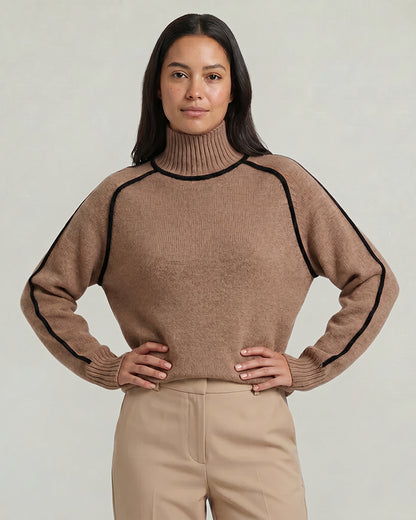Damen Oversize Rollkragenpullover Mit Kontrastpaspel