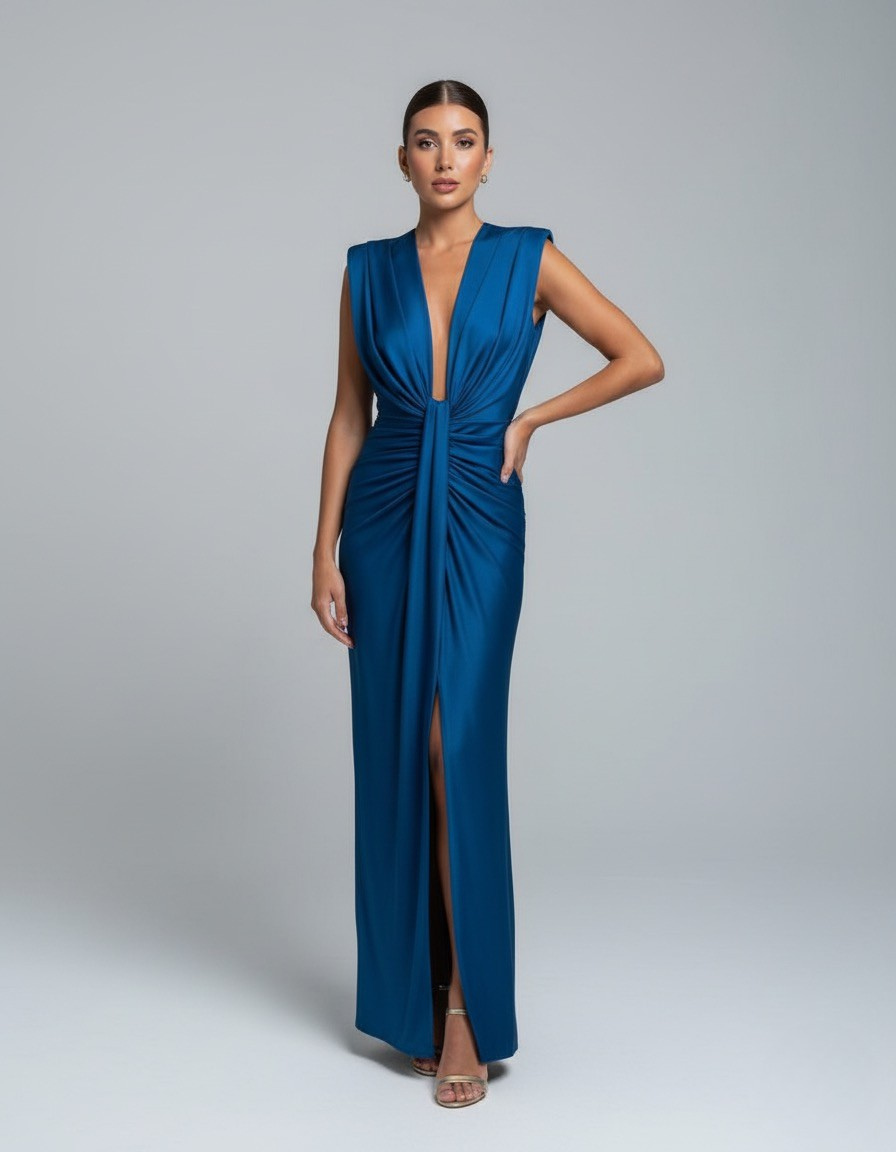 Damen-Maxikleid mit tiefem V-Ausschnitt und elegantem Schlitz