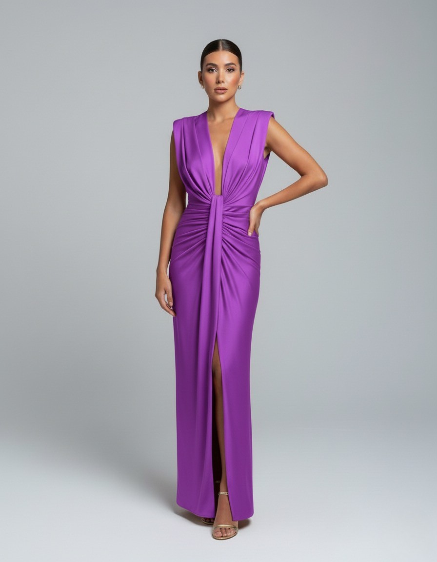 Damen Maxikleid Mit Tiefem V Ausschnitt Und Schlitz