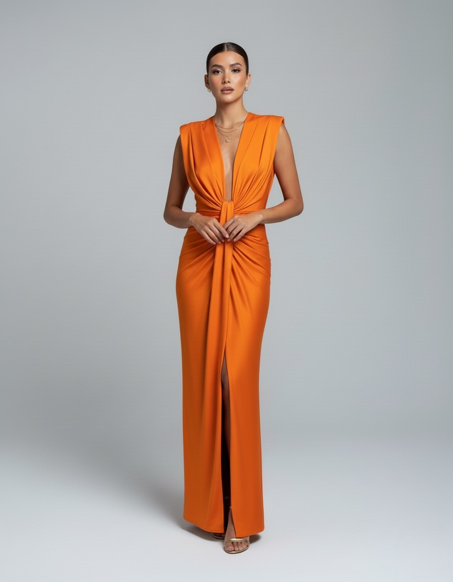 Langes V-Ausschnitt-Kleid mit elegant fallender Silhouette