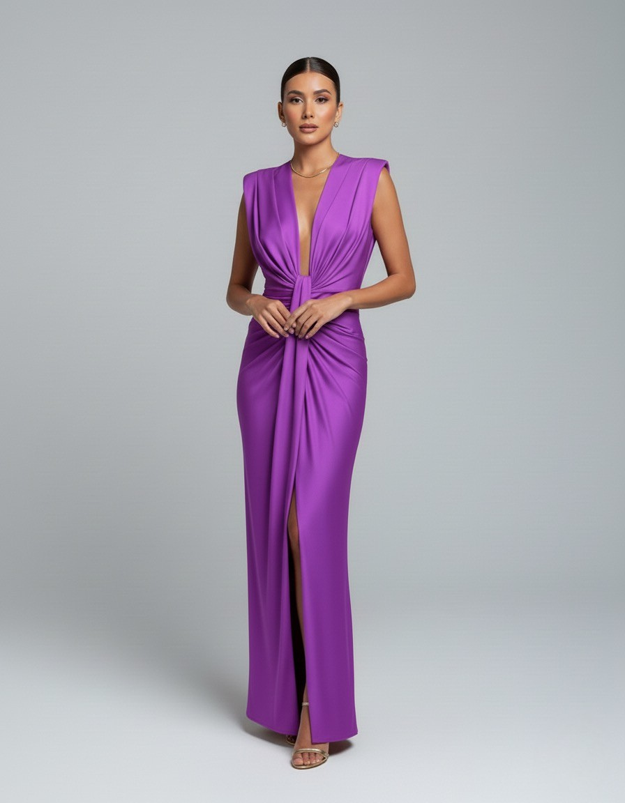 Langes Damenkleid mit femininem V-Ausschnitt