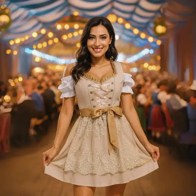 Damen-Dirndlkleid mit Stickerei und Miederoberteil in der Frontalansicht