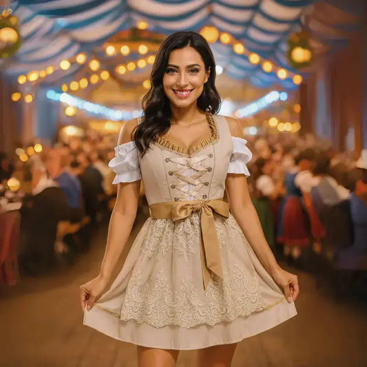 Damen-Dirndlkleid mit Stickerei und Miederoberteil in der Frontalansicht