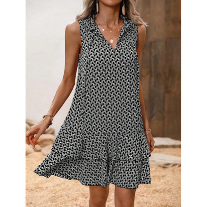 Damen Midikleid mit geometrischem Muster und Schleife in ganzer Länge