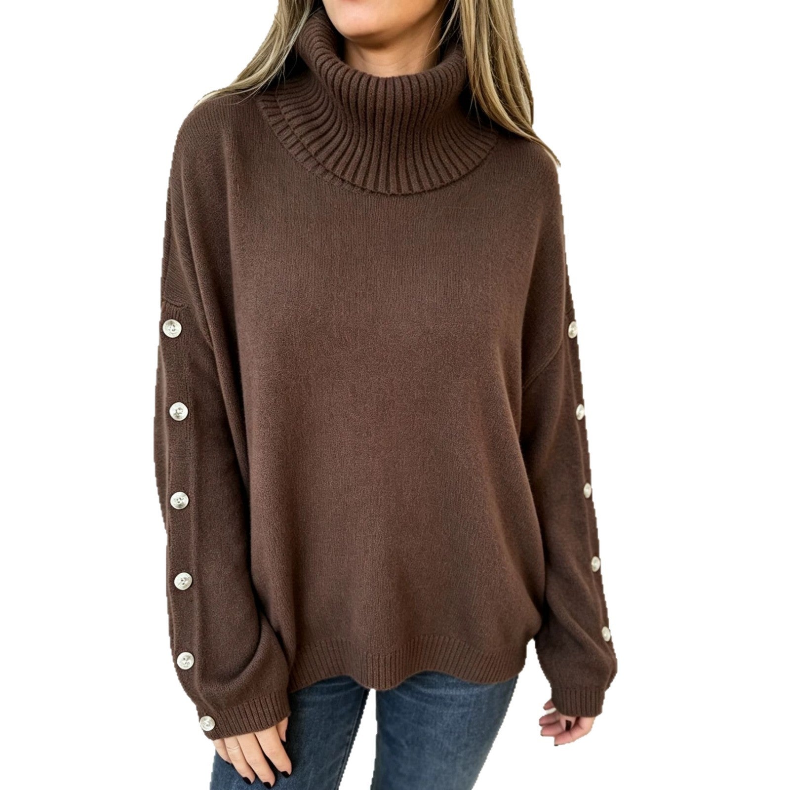 Seitliche Ansicht eines Damen Oversize Rollkragenpullovers