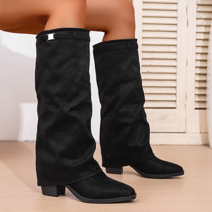 Damen Slouch-Stiefel Mit Spitzem Zehenbereich Und Niedrigem Blockabsat