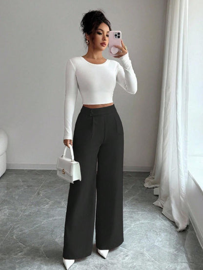 Damen Weite High Waist Hose Mit Knopfleiste
