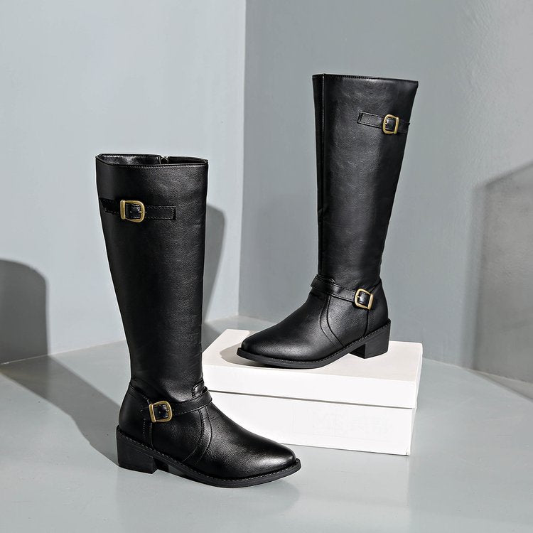 Kniehohe Damen-Reitstiefel mit ergonomischem Blockabsatz und dekorativen Schnallen