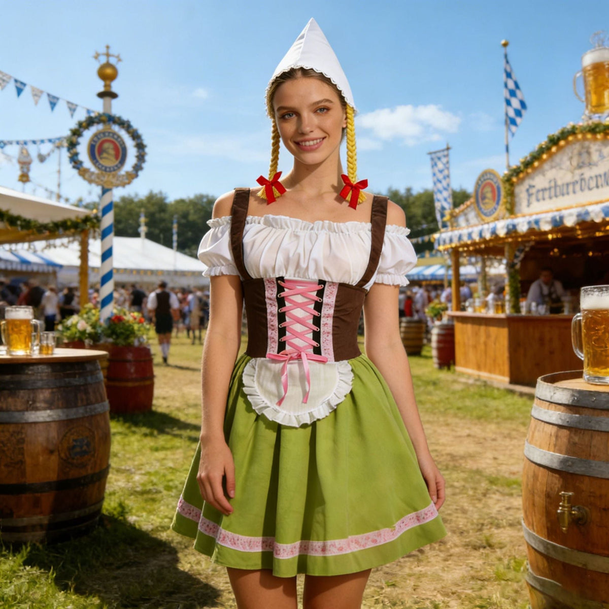 Traditionelles Damen-Dirndl von vorne mit dekorativer Schnürung und Schürze