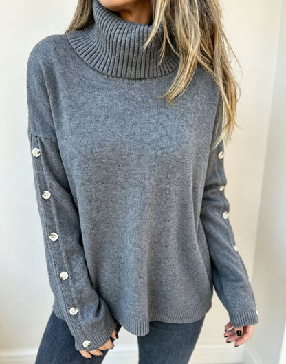 Damen Oversize Rollkragenpullover Mit Knöpfen