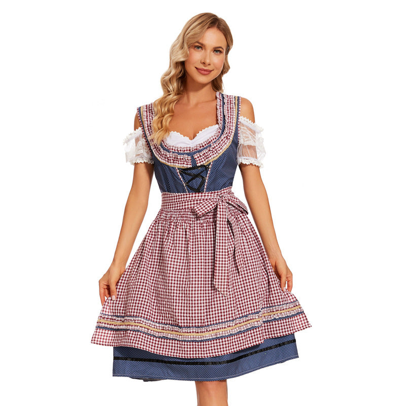 Damen-Dirndlkleid mit kariertem Schürzenrock und Spitzenärmeln