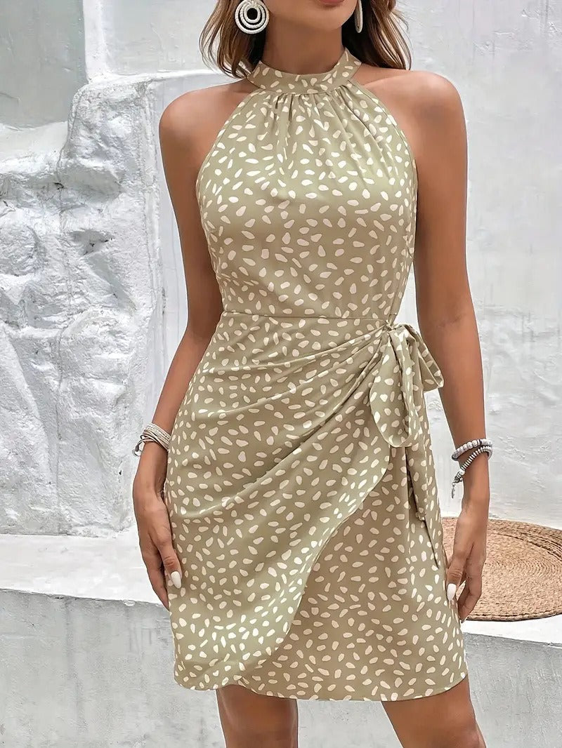 Neckholder-Blumenmuster Plissiertes Mini-Kleid mit Reißverschluss