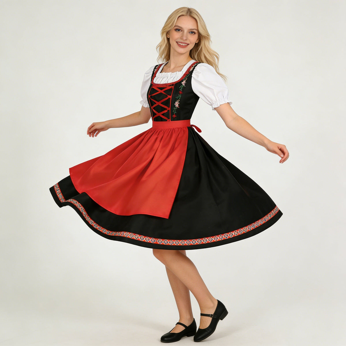 Frontansicht eines traditionellen Damen-Dirndls mit detaillierter Miederstickerei