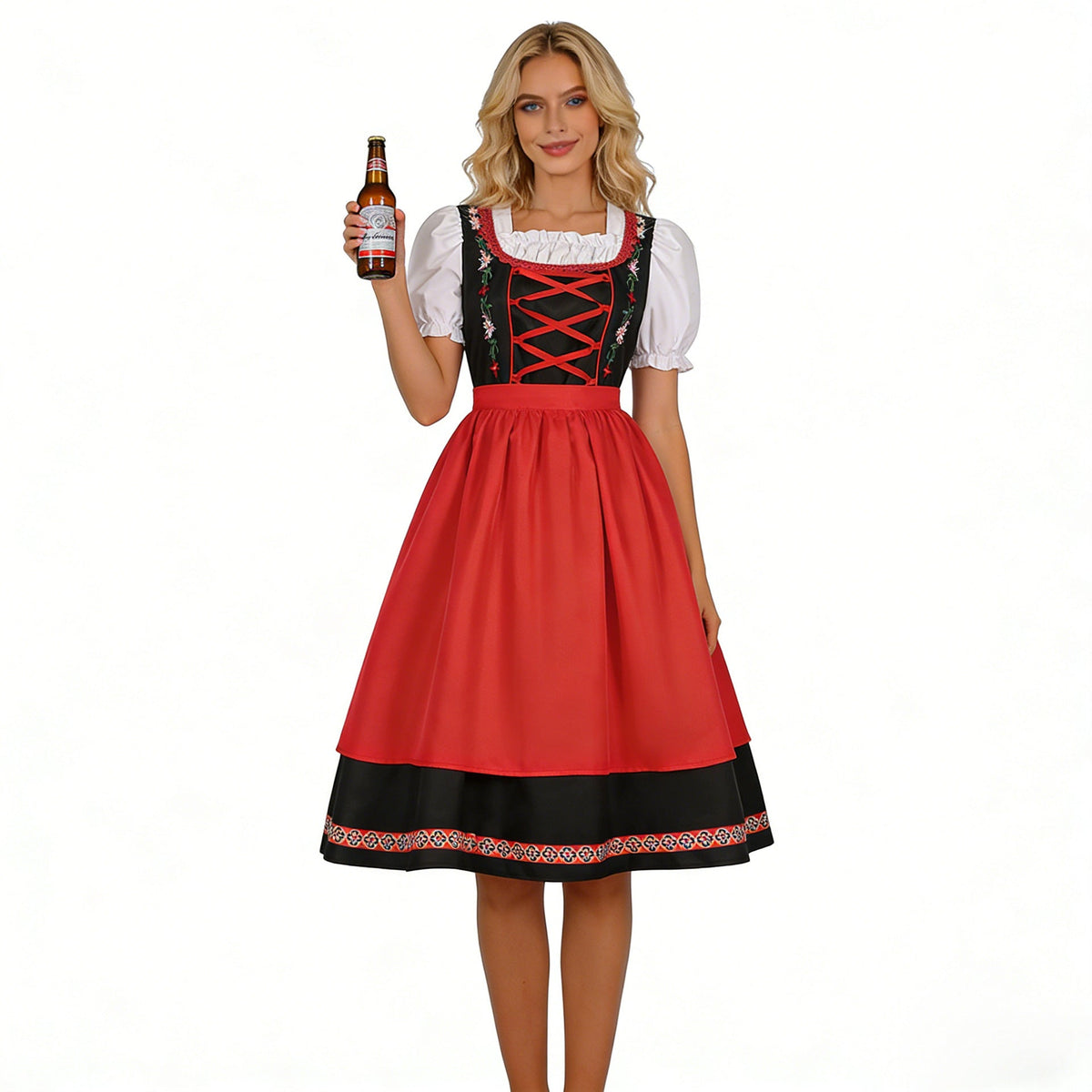 Damen-Dirndlkleid mit besticktem Mieder, Puffärmeln und passender Schürze