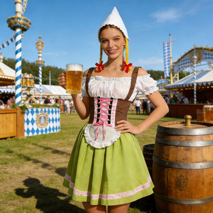 Damen-Dirndl mit Schnürung, Schürze und passendem Kopftuch in der Gesamtansicht