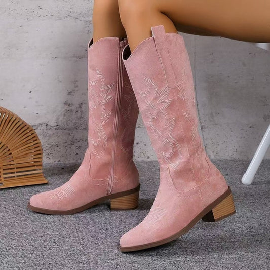Damen-Kniestiefel im Westernstil mit mittelhohem Blockabsatz