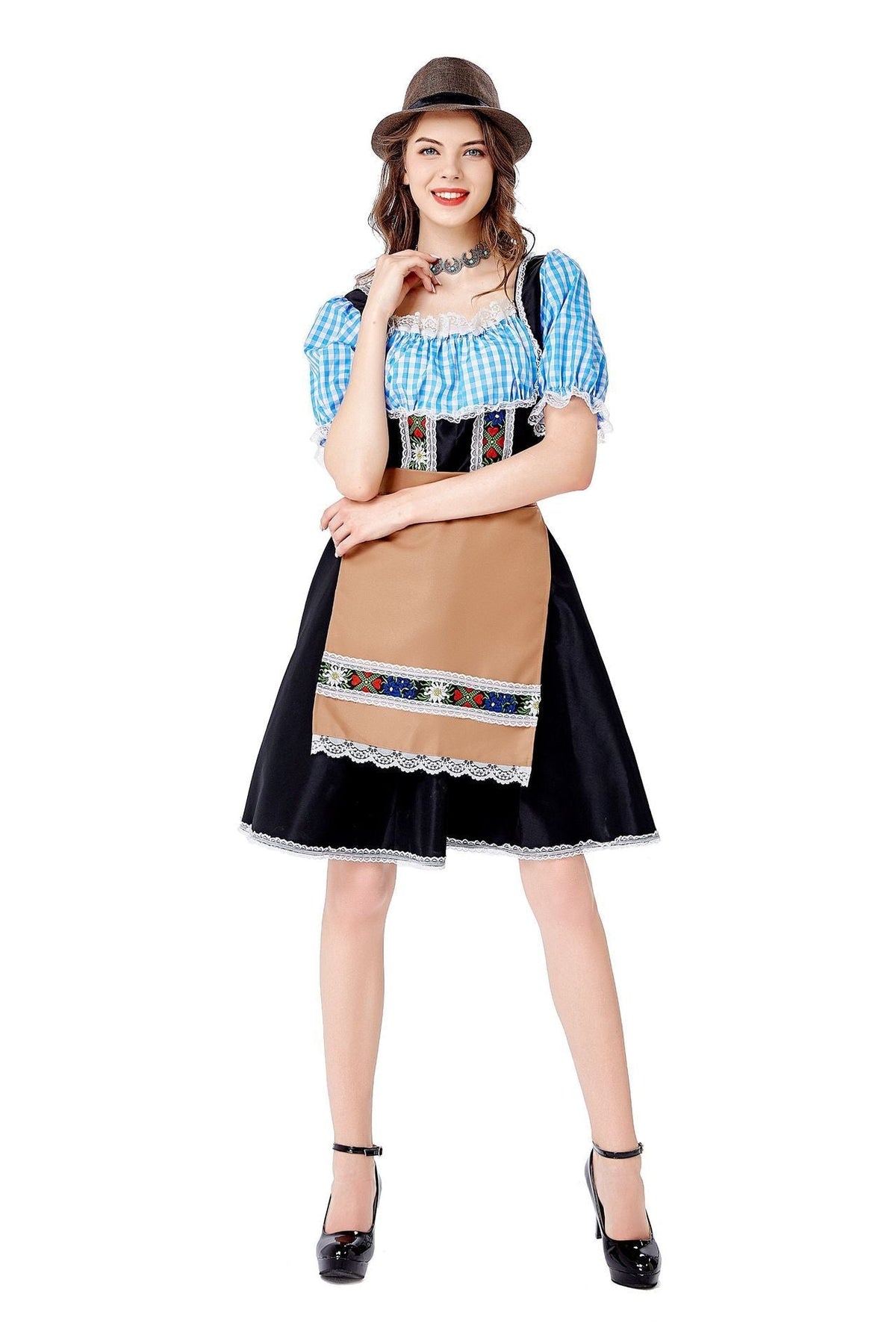 Seitliche Ansicht des Damen-Dirndls mit Carmenbluse und Schürze