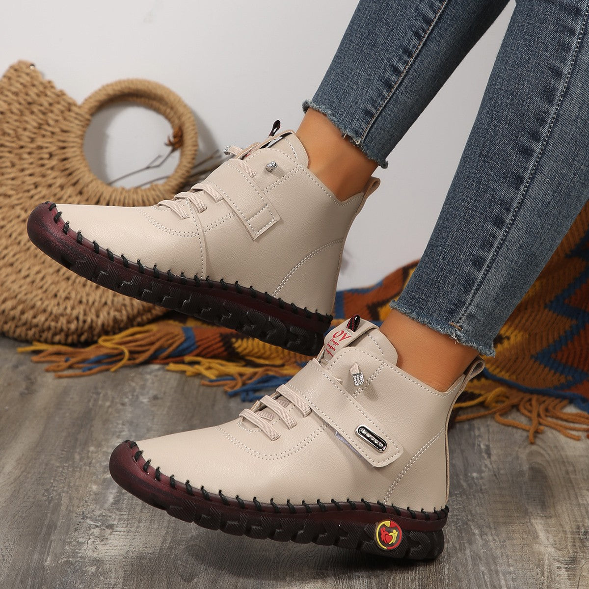 Damen Ankle Boots mit Klettverschluss und rutschfester Sohle