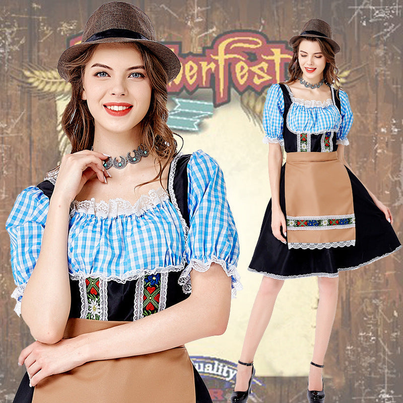 Damen-Dirndl-Kostüm mit Carmenbluse, geschnürtem Mieder und bestickter Schürze
